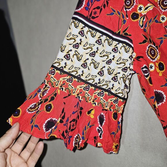 Suzanne Betro Red Boho Wrap Tunic Top Womens Large Lightweight Festival Duster - Picture 9 of 12